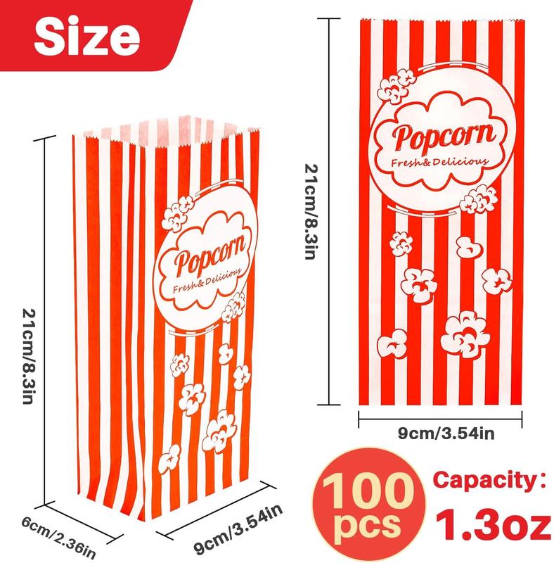 100 Popcorn Bags Individual Servings - Flat Bottom Paper Popcorn Food Bags Party Pop Corn Sleeves Bulk Carnival Halloween Snack Pack Gift Favor Treat bolsas para palomitas Movie Night Supplies