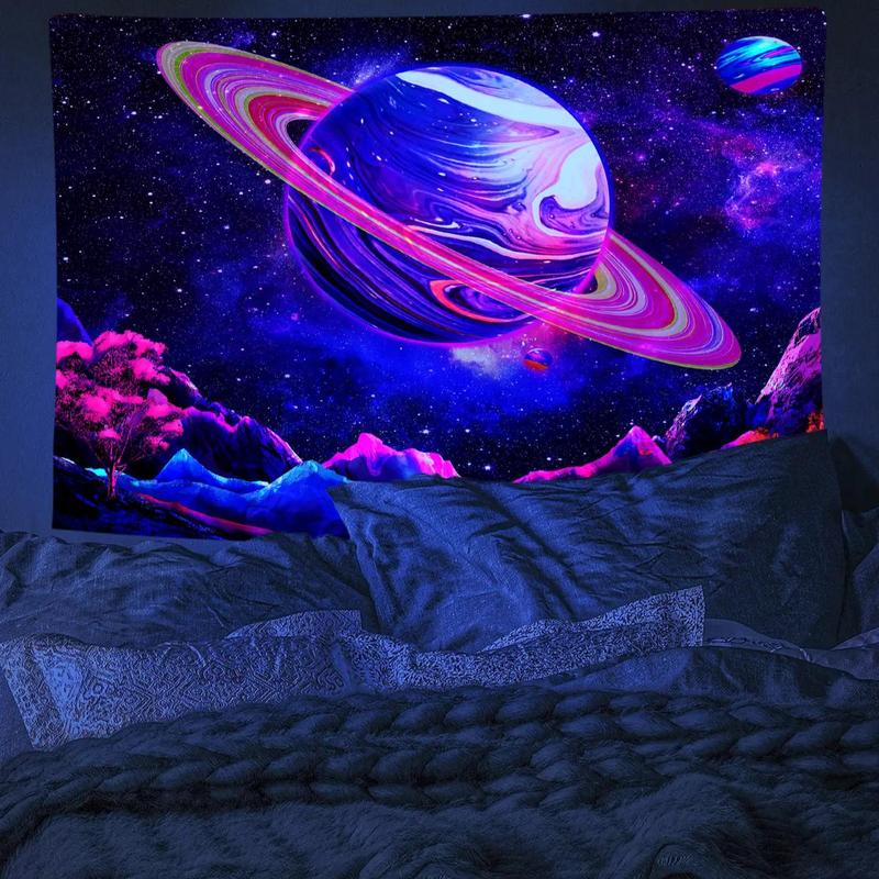 Starry Sky Print Tapestry, 1 Count UV Black Light Wall Hanging Blanket For Living Room Bedroom Dorm Room Home Decor, With Free Installation Accessories