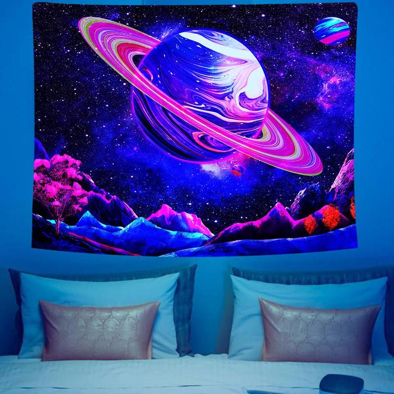 Starry Sky Print Tapestry, 1 Count UV Black Light Wall Hanging Blanket For Living Room Bedroom Dorm Room Home Decor, With Free Installation Accessories