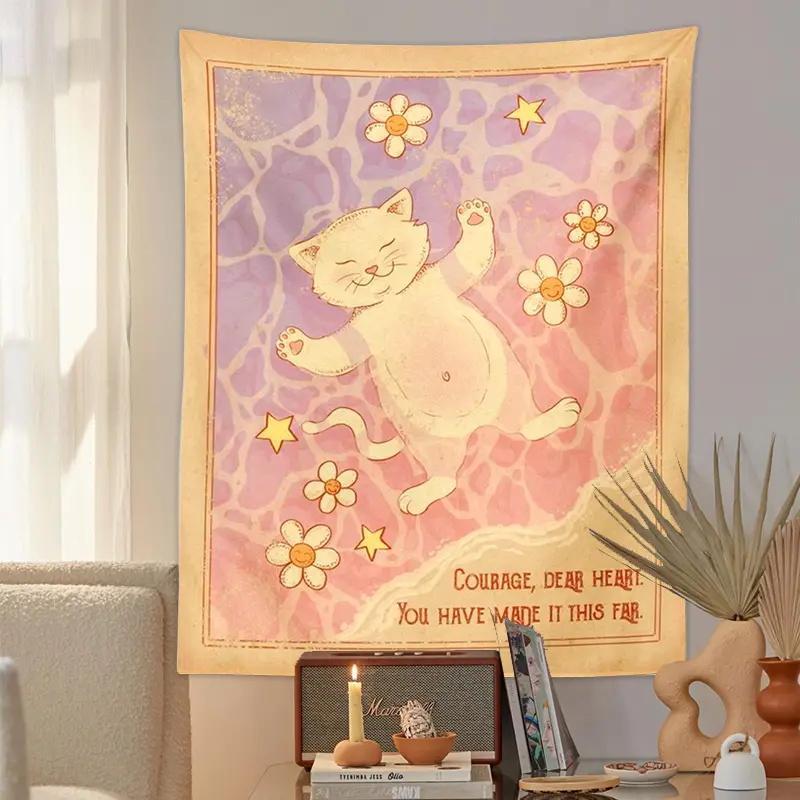 Cute Cat & Flower Print Tapestry, Wall Hanging Tapestry, Background Decoration for Home Living Room Bedroom Dormitory, Home Decoration Supplies