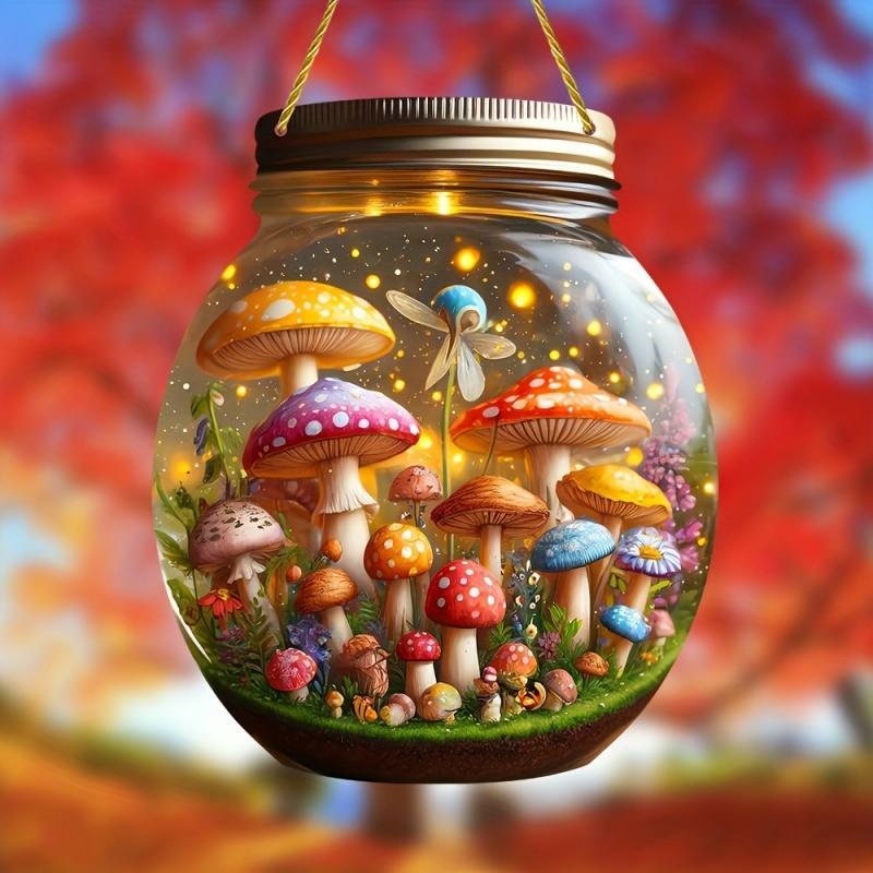 Mushroom Pattern Mason Jar Hanging Ornament, 1 Count Mushroom World Design Hanging Decor, Hanging Ornament for Home Bedroom Living Room Garden