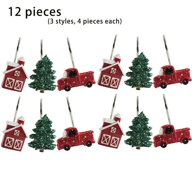 Christmas Themed Shower Curtain Hooks, 12pcs Cute Mini Car & Tree & House Design Decorative Shower Curtain Hooks, Bathroom Accessories for Home Dormitory Hotel Decor