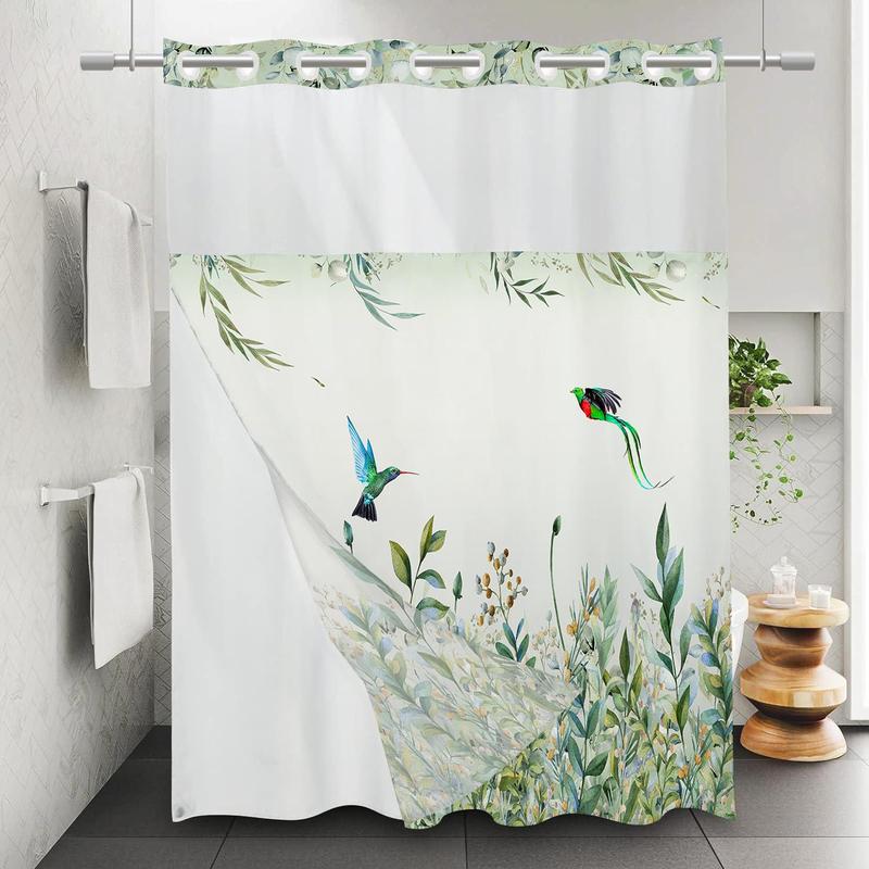 Bird & Flower Pattern Shower Curtain, Waterproof Hook Free Design Shower Curtain,  Bathroom Accessory, Summer Essentials, Bathroom Supplies for Home Decor, Bathroom Gadgets 2024