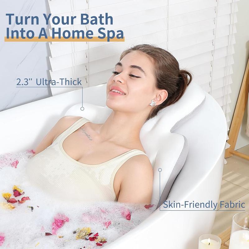 Luxury Bath Cushion, Full Body Bathtub Pillow with 160 Suction Cups, Bath Mat for Head and Neck Support, with Laundry Bag (White, 51.2