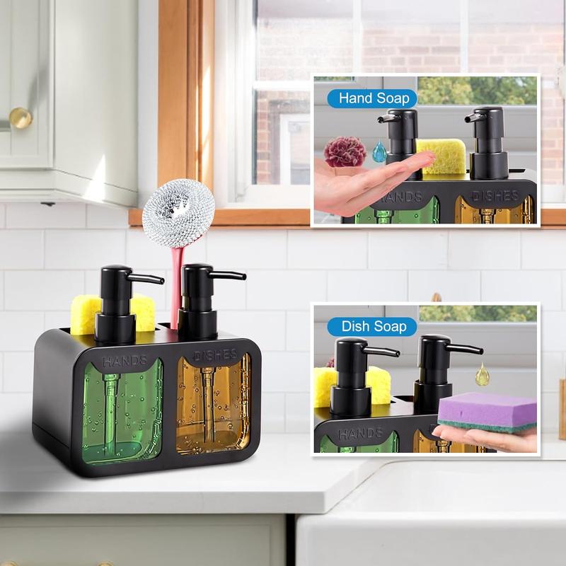 Kitchen Soap Dispenser Set, with Hand and Dish Soap, Sponge Caddy and Brush Holder 4-in-1 Kitchen Dual Soap Dispenser Set for Kitchen Sink, Bathroom - Black