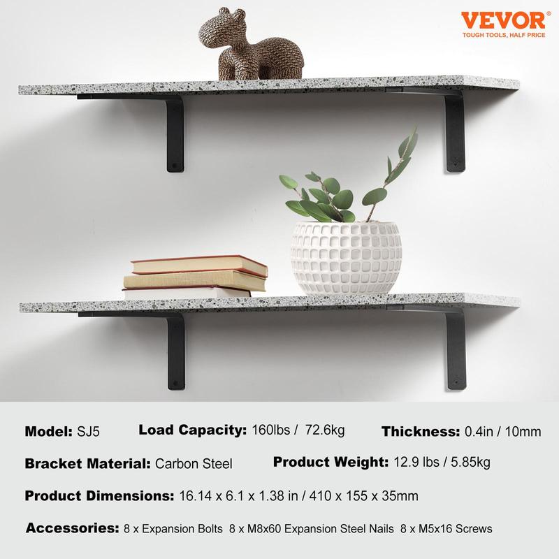 VEVOR Shelf Bracket, 16 x 6 in 4 Pcs, Heavy Duty Floating Shelf Brackets, Brackets for Shelves, 10mm Thick Matte Black L Shelf Bracket,Steel Shelving Brackets with 160 lbs Load Capacity Decor Hand