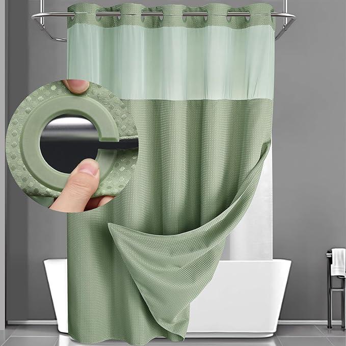 No Hook Shower Curtain with Snap in Liner Set Grey Waffle Shower Curtain for Bathroom 75