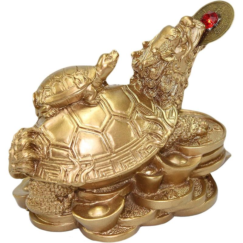 Feng Shui Statues Wealth Lucky Figurine Home Decor Housewarming Gift Idea (Idea for Office Desk, Computer, Book TV Shelf, and Cashier Registration Area Display) (Golden Turtle on Gragon) Ornaments Decorative