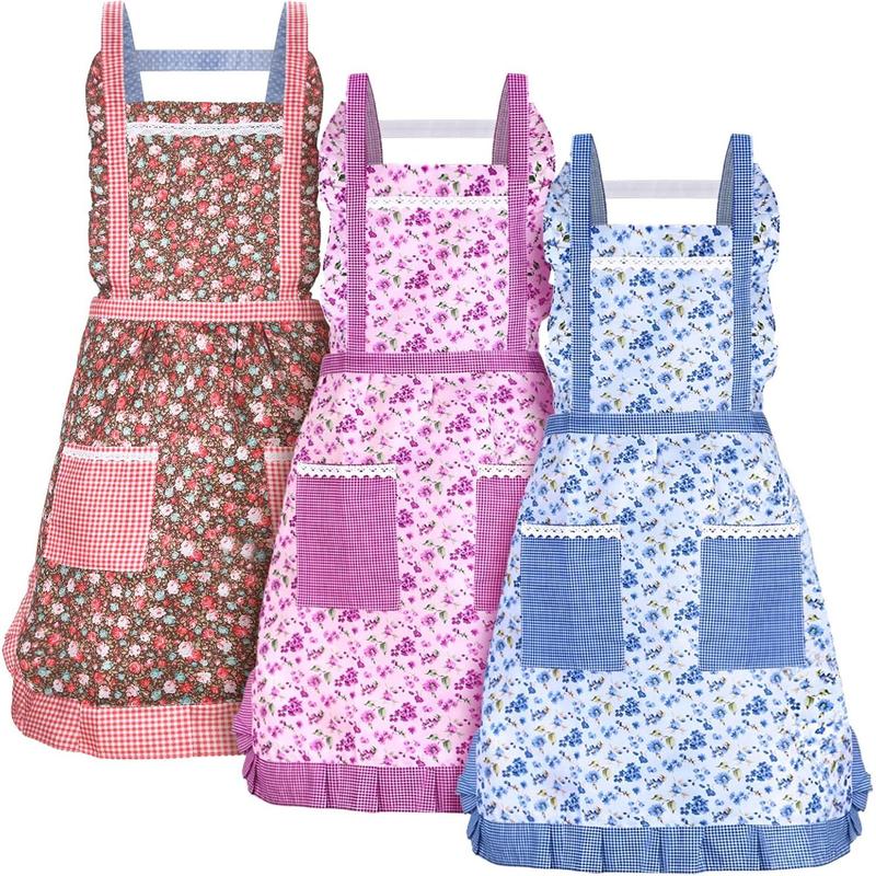 3 Count Women Floral Aprons with Pocket Soft Kitchen Chef Aprons Girls Aprons for Cooking Gardening