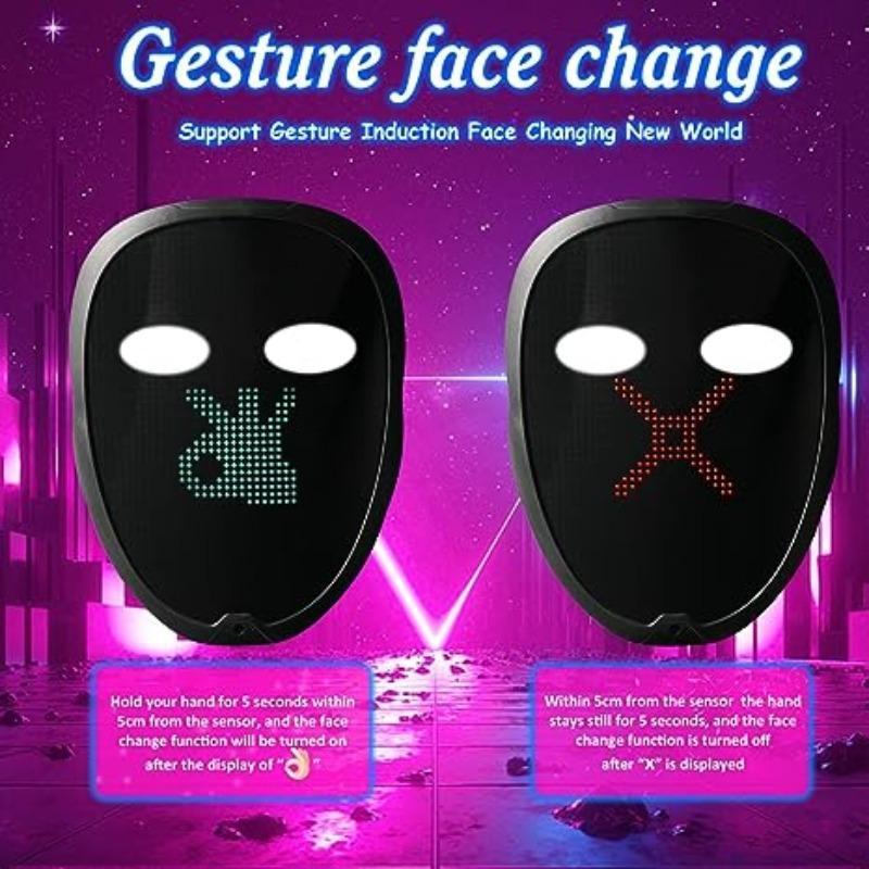 Gesture Sensing Mask, Face Transforming Mask, Gesture Face Changing Cyberpunk Mask, Rechargeable Glow In The Dark LED Light Up Mask with App Control for Costume Cosplay Party Masquerade, Party Accessories