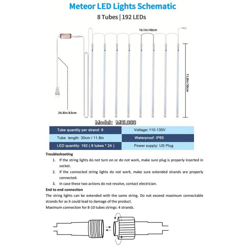 Meteor Shower Lights Waterproof 24 Tube LED Falling Rain Lights for Outdoor Christmas Tree and Holiday Decorations, 1 Set Christmas LED Decoration