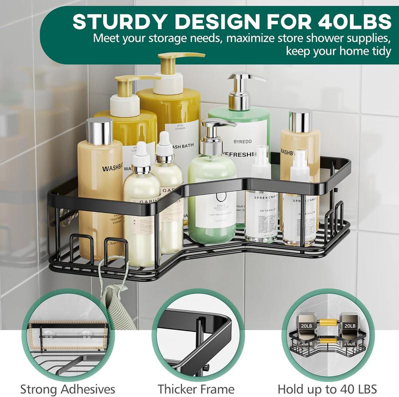 MAXIFFE Shower Caddy, 3 5Pack Wall Mounted Corner Organizer with Soap Holder and 8 Hooks, Black Storage Shelf for Bathroom, Kitchen, and Countertops