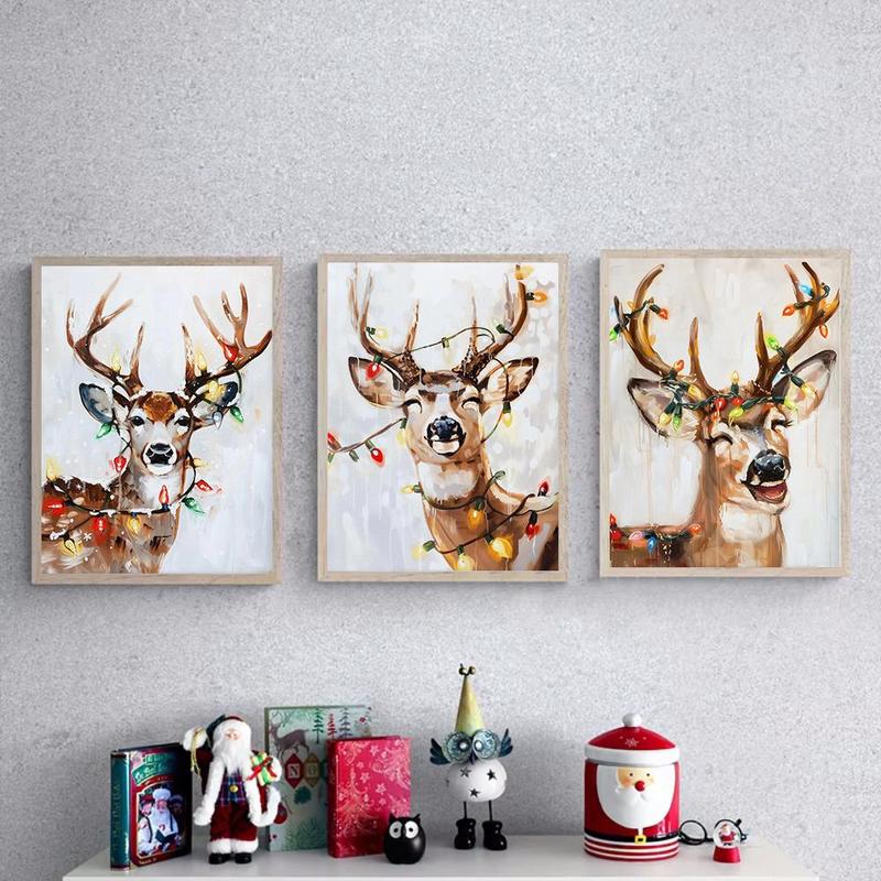 Christmas Deer Pattern Canvas Painting without Frame, 3 Counts set Modern Wall Art Painting, Wall Art Decor for Home Living Room Bedroom Office Gallery