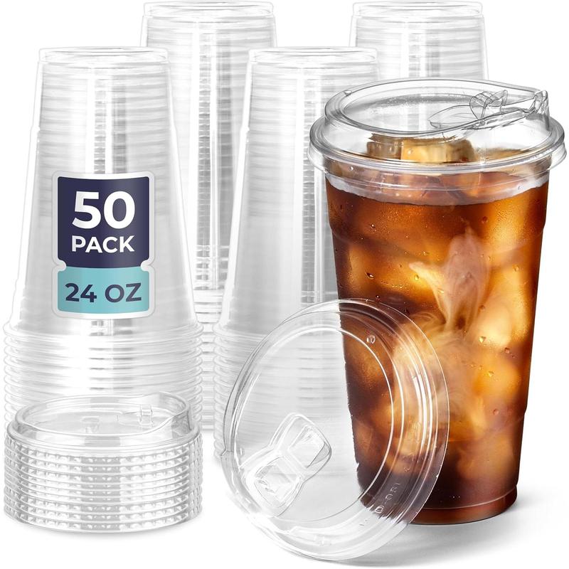 50 Pack 24 oz Clear Plastic Cups with Strawless Sip Lids, Disposable Plastic Coffee Cups with Lids, To Go Cups for Iced Coffee, Smoothies, Soda, Party Drinks, Bubble , Cold Beverage