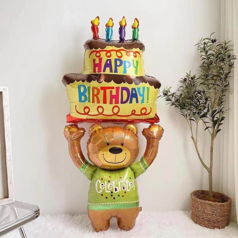 Cartoon Bear Lift Cake Design Balloon, Cute Birthday Party Decoration Balloon, Atmosphere Scene Layout Decoration Supplies for Birthday Ceremony Anniversary Party