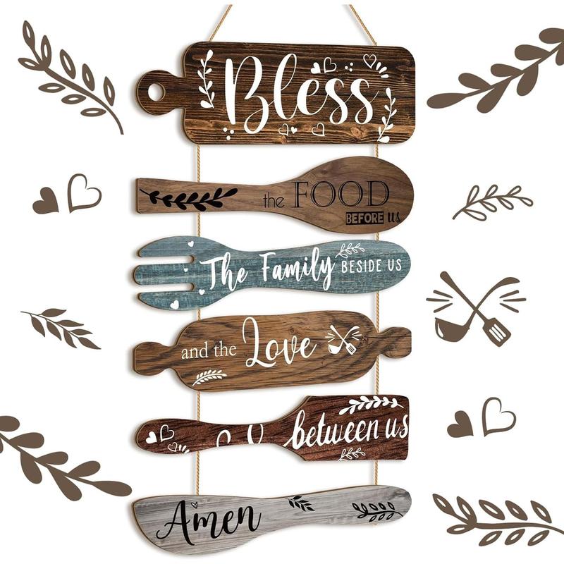 6 Pcs Bless the Food Before Us Sign Farmhouse Kitchen Wall Decor Dining Room Decorations Collage Wall Art Rustic Vertical Hanging Wood Signs for Kitchen Living Room Home(Multicolored)