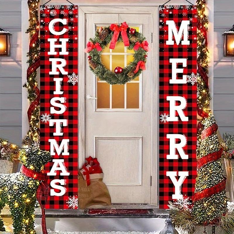 Merry Christmas Banner, 2 Counts set Letter & Plaid Pattern Festive Outdoor Decor Banner, Holiday Party Wall Hanging Decor