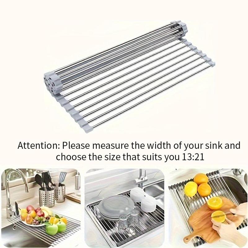 Stainless Steel Roll Up Over The Sink Dish Drying Rack, 1 Count Multifunctional & Portable Kitchen Drainer Rack, Kitchen Accessories