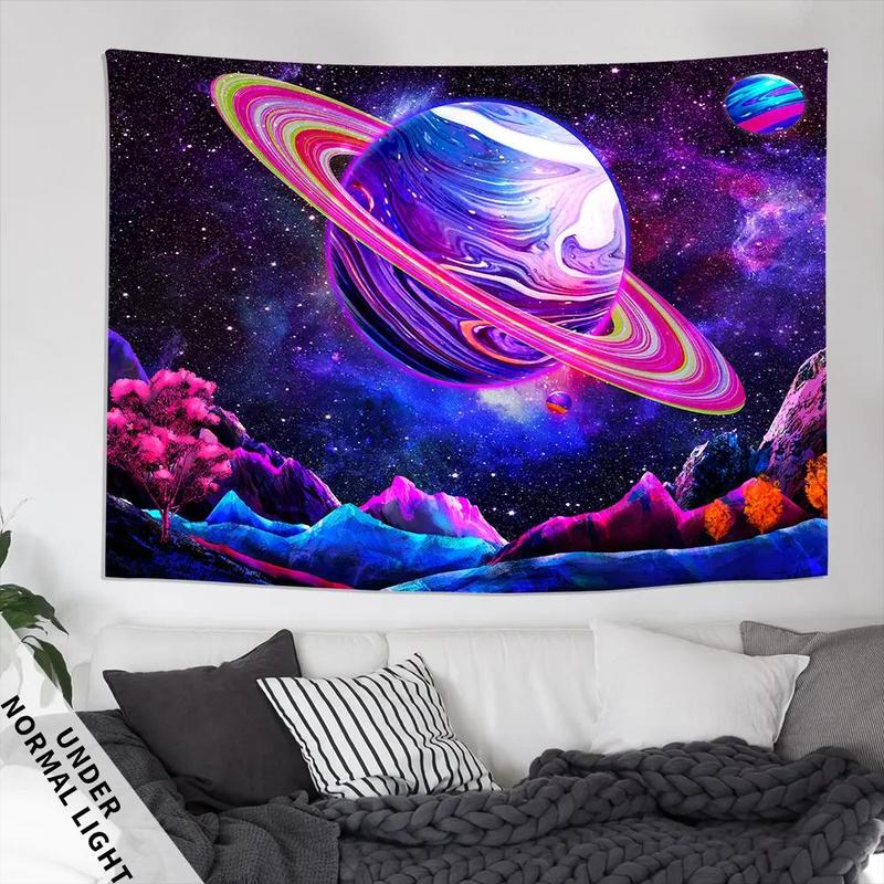 Starry Sky Print Tapestry, 1 Count UV Black Light Wall Hanging Blanket For Living Room Bedroom Dorm Room Home Decor, With Free Installation Accessories