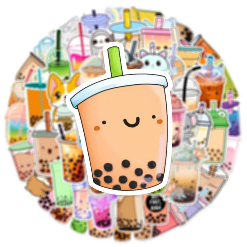 Cartoon Fresh Milk Tea Series Decorative Sticker, 50pcs Creative Waterproof Sticker For DIY Scrapbook Luggage Decoration, Self-adhesive Naughty Stickers