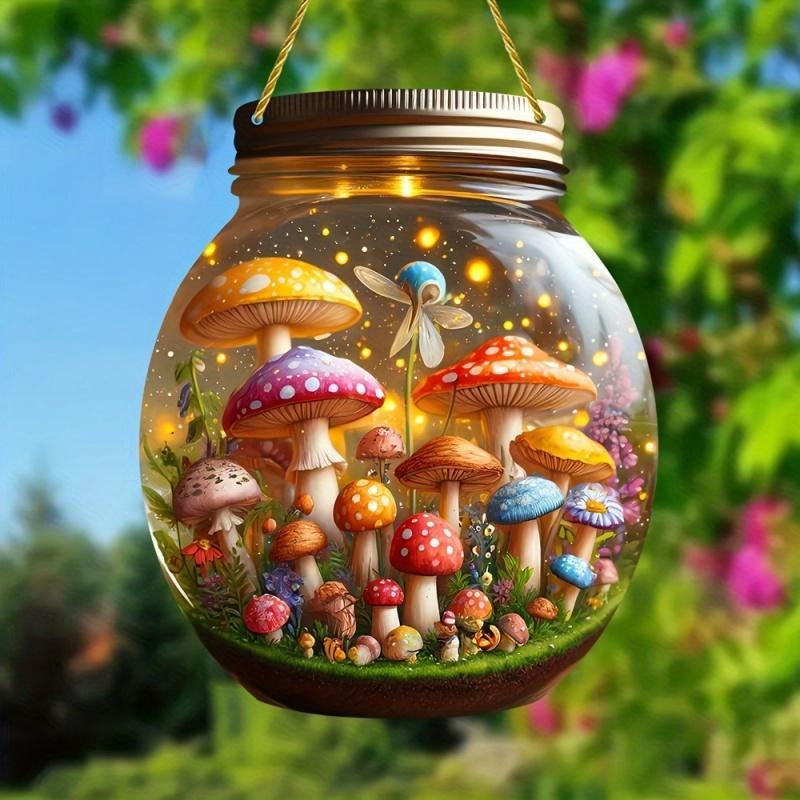 Mushroom Pattern Mason Jar Hanging Ornament, 1 Count Mushroom World Design Hanging Decor, Hanging Ornament for Home Bedroom Living Room Garden