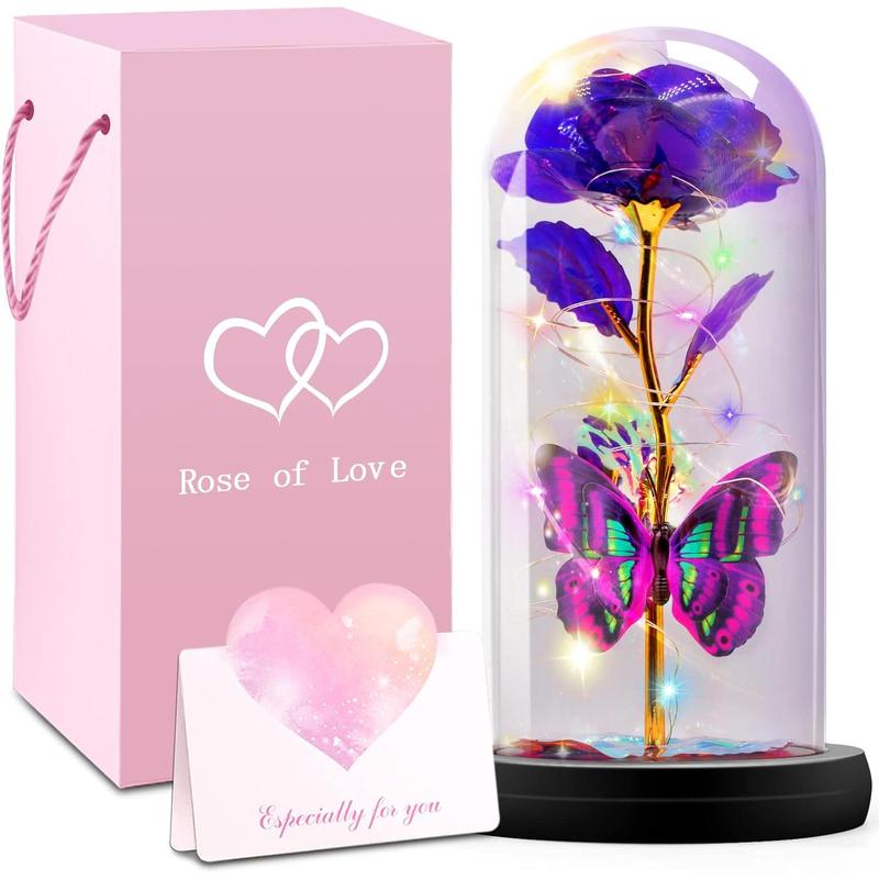 Glass Rose, for Mom, Valentines Day Gifts for Her with Greeting Card, Galaxy Purple Butterfly Eternal Rose in A Glass Dome