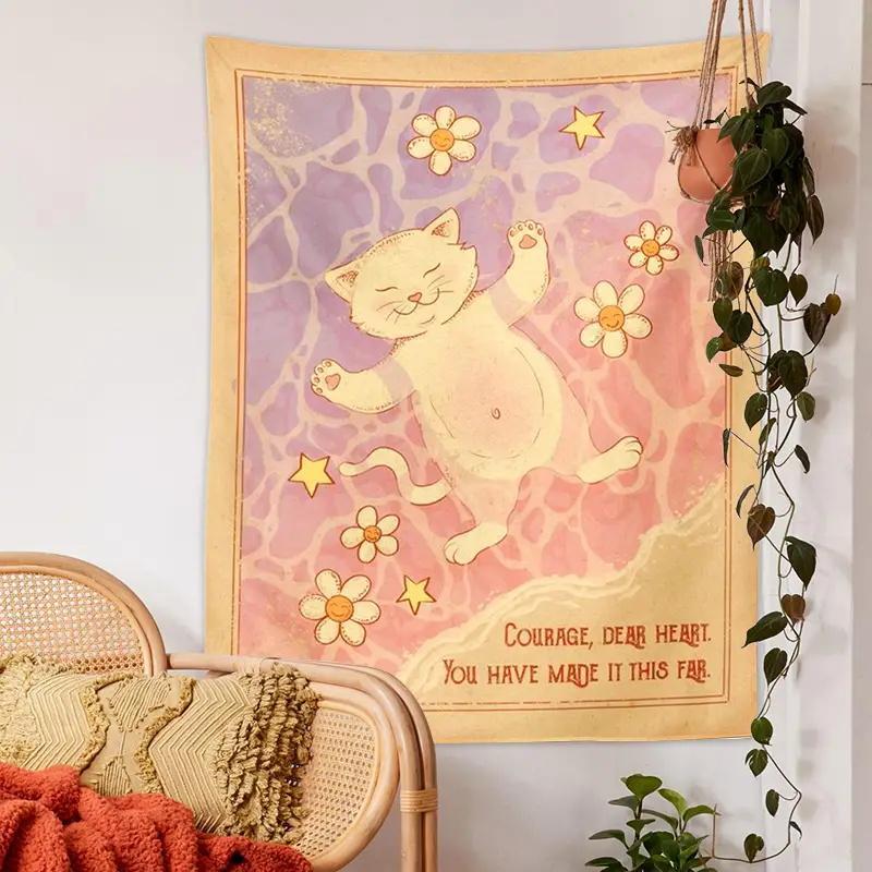 Cute Cat & Flower Print Tapestry, Wall Hanging Tapestry, Background Decoration for Home Living Room Bedroom Dormitory, Home Decoration Supplies