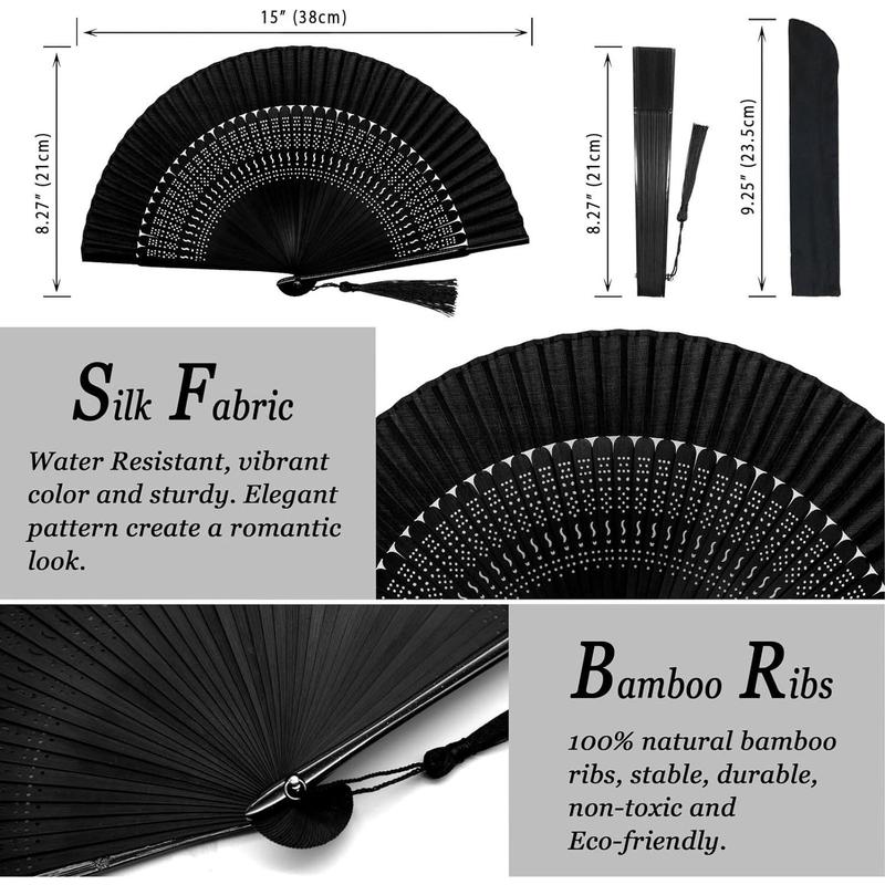 Small Folding Hand Fan - Chinese Japanese Vintage Bamboo Silk Fans - for Dance, Performance, Decoration, Wedding, Party, Gift (Sexy Black)