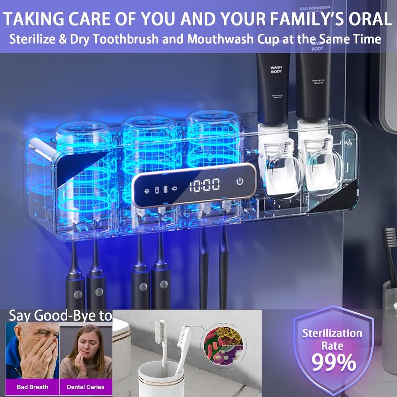 Toothbrush Holder for Bathrooms, Toothbrush Holders and 2 Toothpaste Dispenser with Smart Drying and Cleaning, Toothbrush Holder Wall-Mounted with 3 Cups 6 Toothbrush Slots