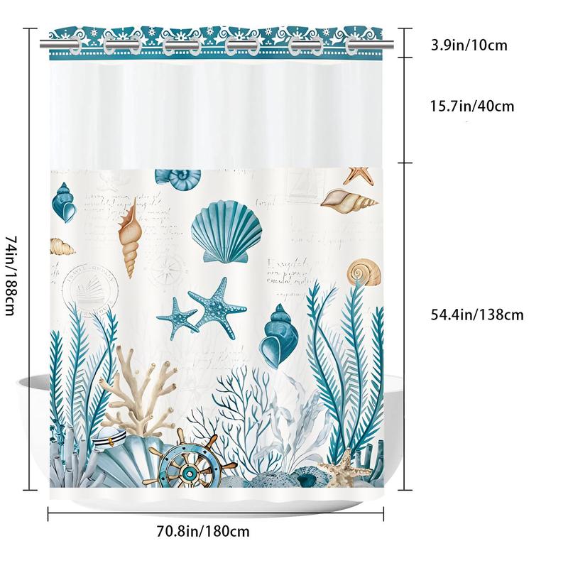 Blue Sea Life Pattern Shower Curtain, 1 Count 2 Layers Waterproof Bathroom Curtain, Bathroom Decor Supplies for Home Hotel Salon Dormitory Decoration, Home Goods