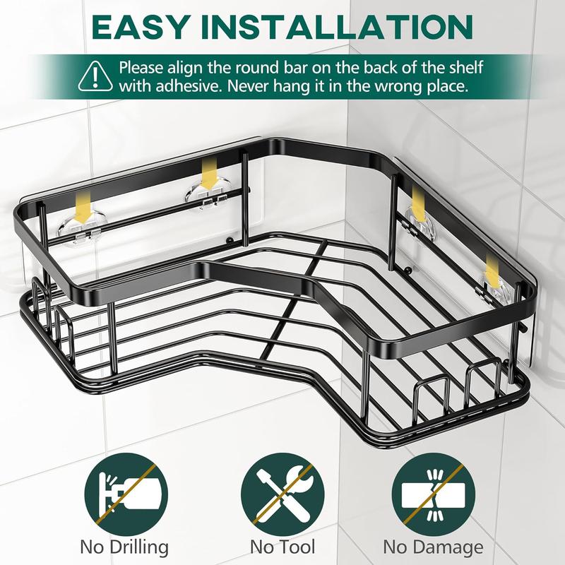 MAXIFFE Shower Caddy, 3 5Pack Wall Mounted Corner Organizer with Soap Holder and 8 Hooks, Black Storage Shelf for Bathroom, Kitchen, and Countertops