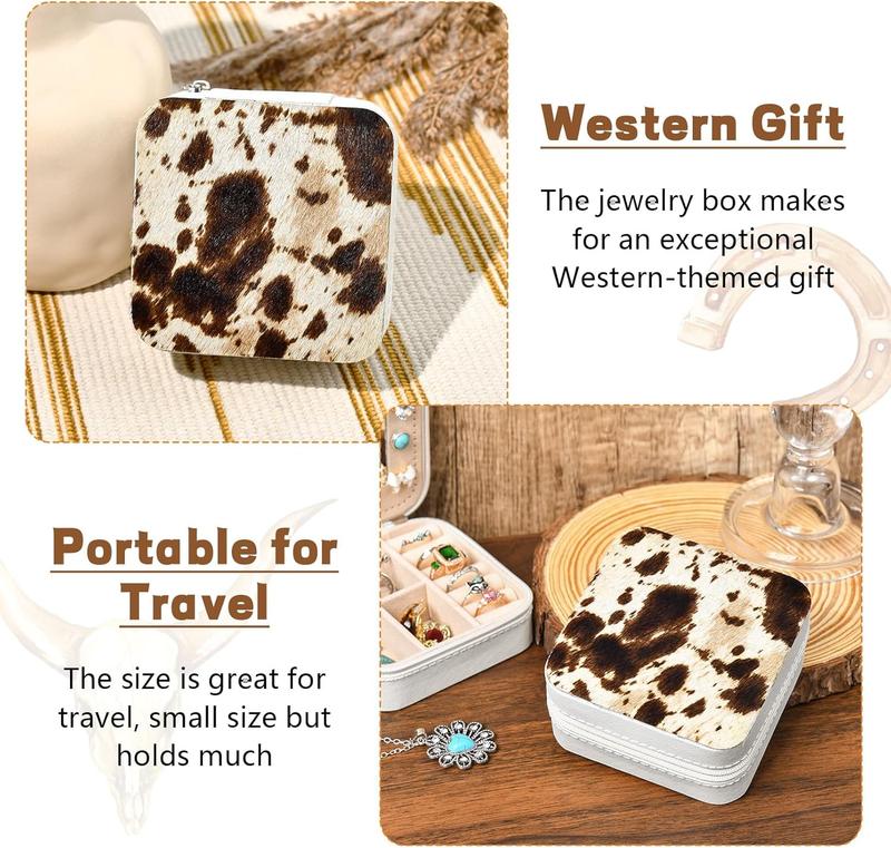 Western Jewelry Box Case Real Leather Cow Print Cowhide Tooled Travel Jewelry Organizer Gifts Christmas Gifts for Women Country Girls Cowgirl Stuff Portable Travel Accessories -Brown