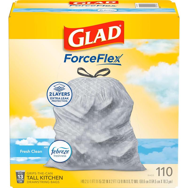 Glad Tall Kitchen Drawstring Trash Bags - Odorshield 13 Gallon White Trash Bag, Febreze Fresh Clean, 110 Count n