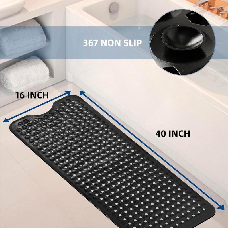 Bathtub and Shower Mats, Long Non Slip Bath Mat, Bath Tub Mat with Suction Cups & Drain Holes for Bathroom, Machine Washable Bathroom Mats, Opaque Black