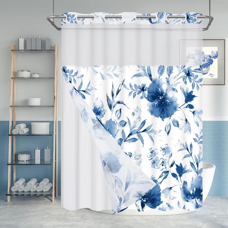 No Hook Shower Curtain with Snap Liner, Blue Floral Shower Curtain and Liner Set, See Through Shower Curtain with Window, Double Layer, Waterproof shower curtain