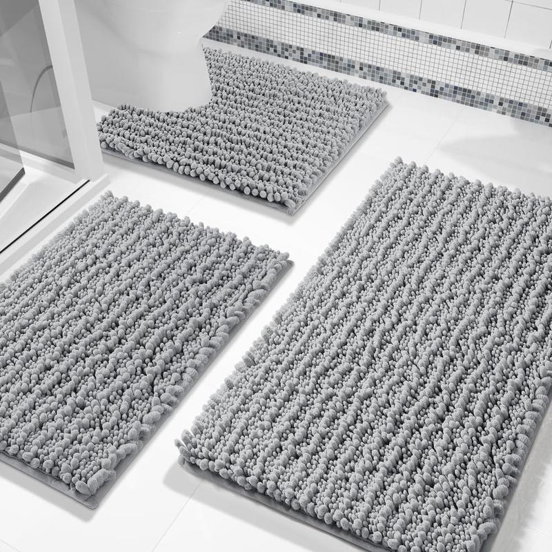 Bathroom Toilet Rugs Sets 3 Piece, Extra Soft Absorbent Chenille Bath Mat Set with U-Shaped Toilet Rug, Fluffy Shaggy Machine Washable Bath Rugs for Bathroom Shower and Tub, Non Slip, Grey