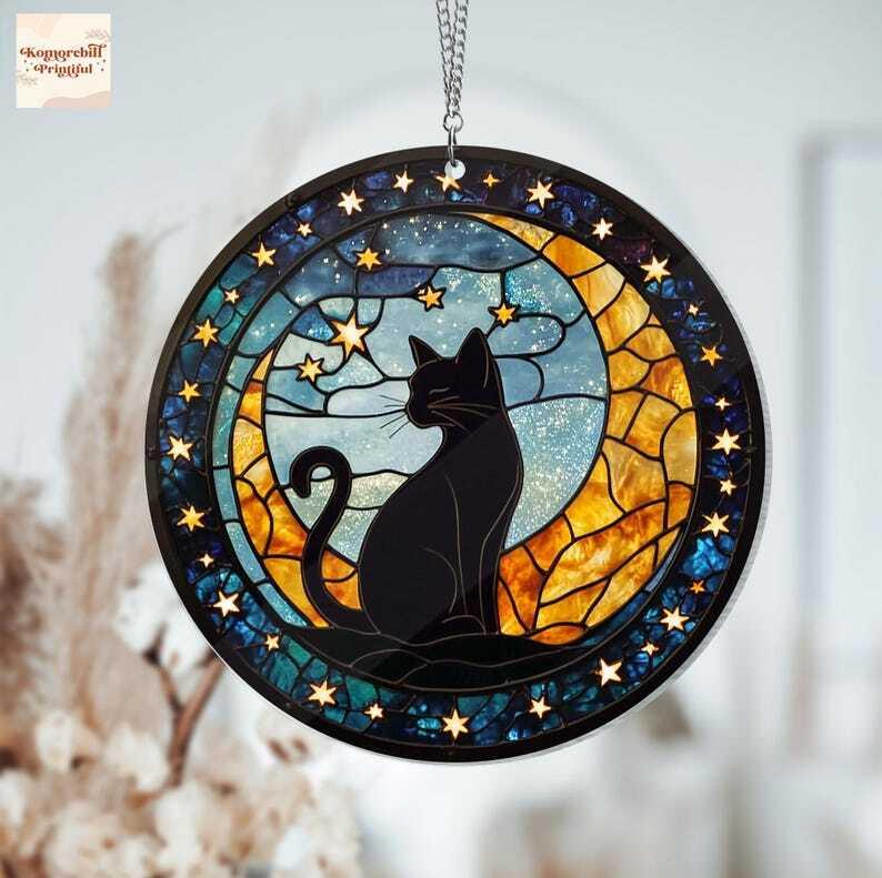 Cat On Moon Acrylic Window Hanging, Black Cat Decoration Ornament, Cat Lovers Gift, Home Decor, Cat Mom Gift, Halloween Black Cat Gift