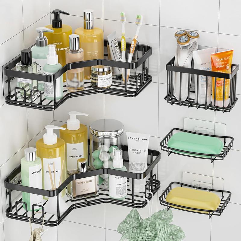 MAXIFFE Shower Caddy, 3 5Pack Wall Mounted Corner Organizer with Soap Holder and 8 Hooks, Black Storage Shelf for Bathroom, Kitchen, and Countertops