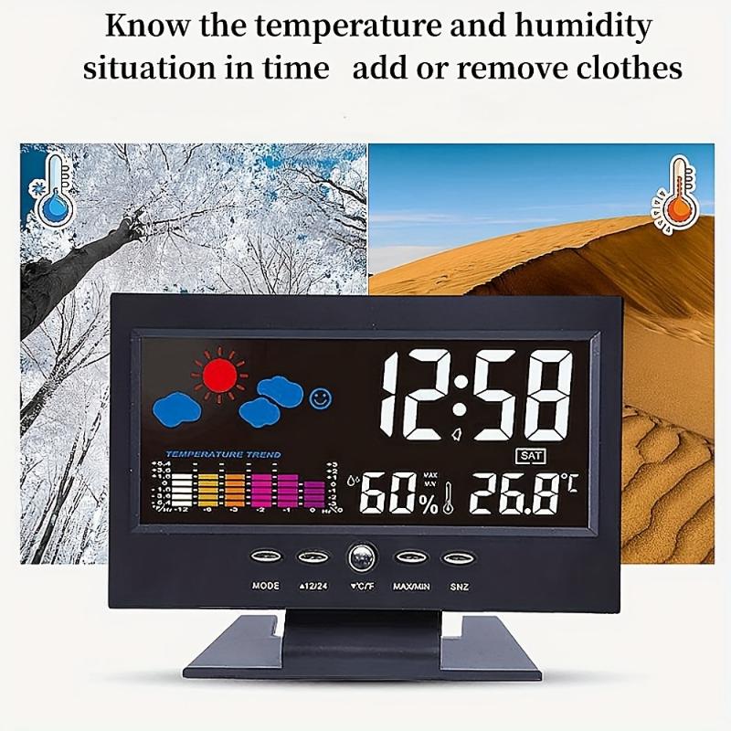 1pc Voice Controlled Digital Weather Station Clock - Large Backlit Display, Accurate Temperature & Humidity Readings, 12 24 Hour Format, Weather Forecast, USB Powered - Perfect for Home or Office Use Decor Plastic