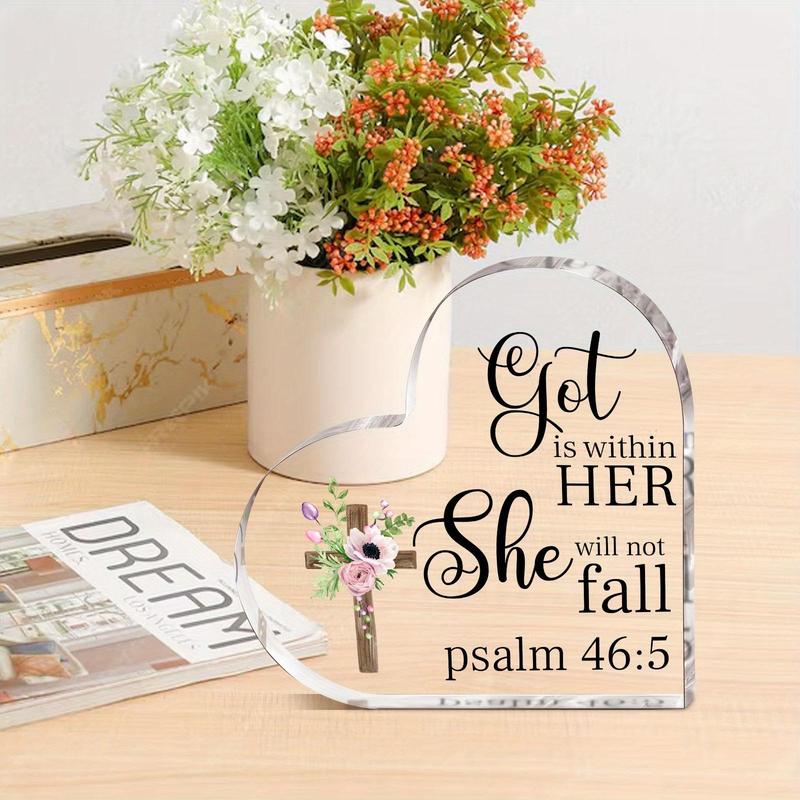 Acrylic Plaque, 1 Count Flower & Letter Pattern Christian Gift, She Will Not Fall God Psalm Scripture Table Plaque, Religious Gift for Friend Bestie