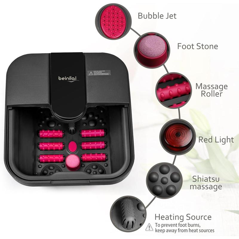 Beinilai Collapsible Foot Spa,Foot Bath with Heat and Massage and Bubble Jets,Foot Soak Tub with Six Non Motorized Foot Rollers,Acupressure Massage Points,Red Light and Removable Pumice Stone