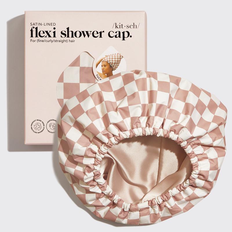 Satin Lined Flexi Shower Cap - Terracotta Checker from KITSCH Adjustable Waterproof