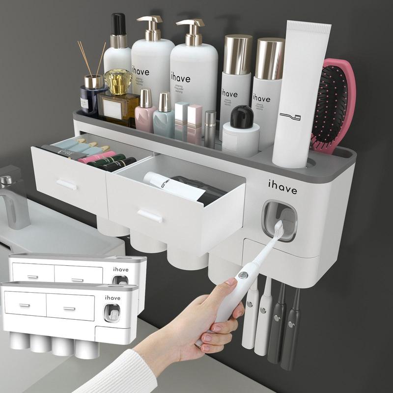 4 in 1 Toothbrush Holder & Toothpaste Dispenser, Bathroom Accessories Wall Mounted Toothbrush Storage Organizer with Cosmetic Drawer, Household Essentials, Home Essentials, Summer for Gifts