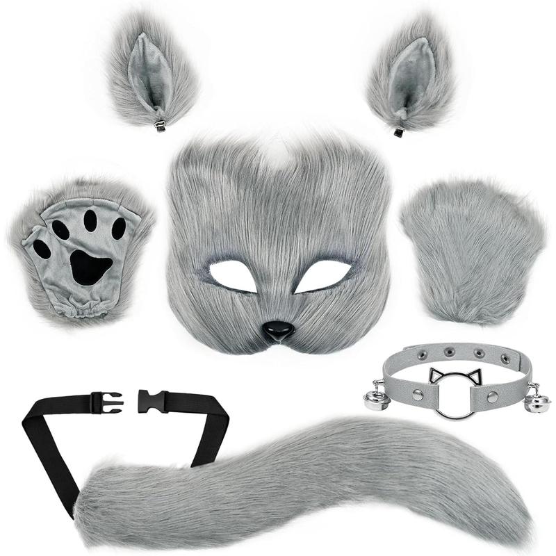 Mask and Tail Kit Faux Furrfy Fox Mask Cat Paws Gloves and Ears for Kid & Adult Cosplay Party