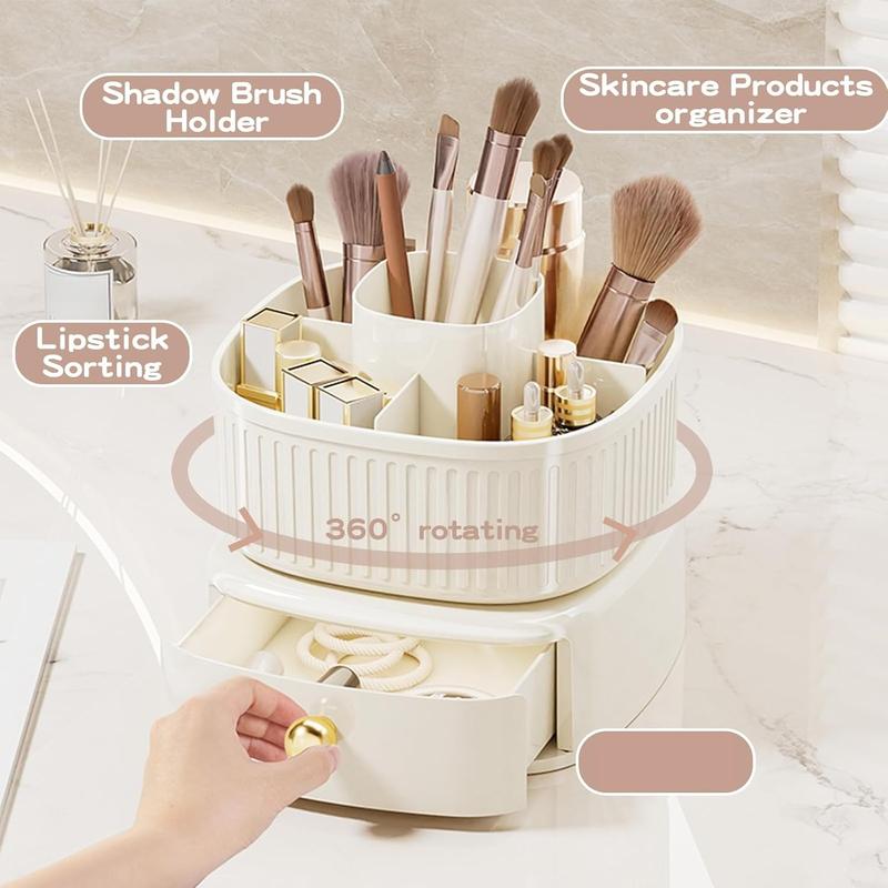 360° Rotating Makeup Brush Holder Organizer with Drawer, Cosmetic Makeup Organizers , Makeup organization and Skincare Storage for Vanity, Desktop, Bathroom (Ivory) Boxes