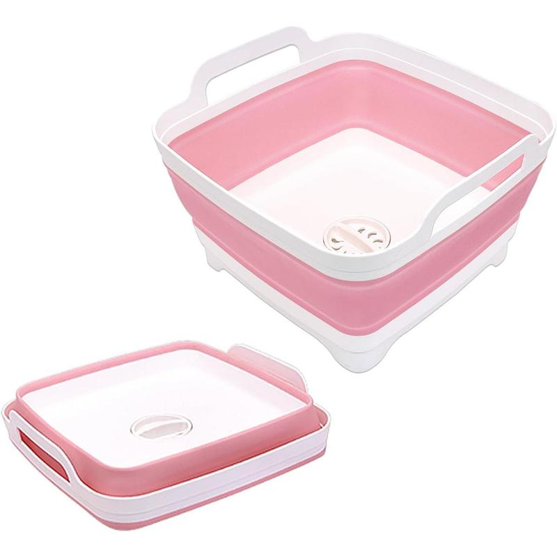 2.4 Gal(9L) Collapsible Dish Basin with Drain Plug, Space Saving Outdoor Multiuse Foldable Sink Tub, Dishpan, Kitchen Storage Tray for Camping, Vegetable Washing, RV (Pink) Household