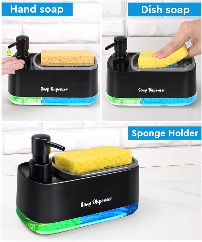 [Offer] Hand and Dish Soap Dispenser for Kitchen, Dual Soap Dispenser with Sponge Holder, 3-in-1 Countertop Soap Pump Dispenser, Kitchen Gadgets Black