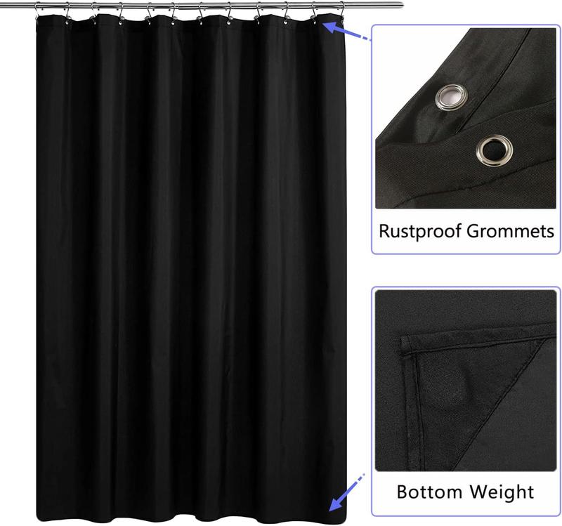 Fabric Shower Curtain Liner, Waterproof Hotel Quality, Bathroom Curtains Rust Resistant Grommets, 72 x 72 Machine Washable (Black)