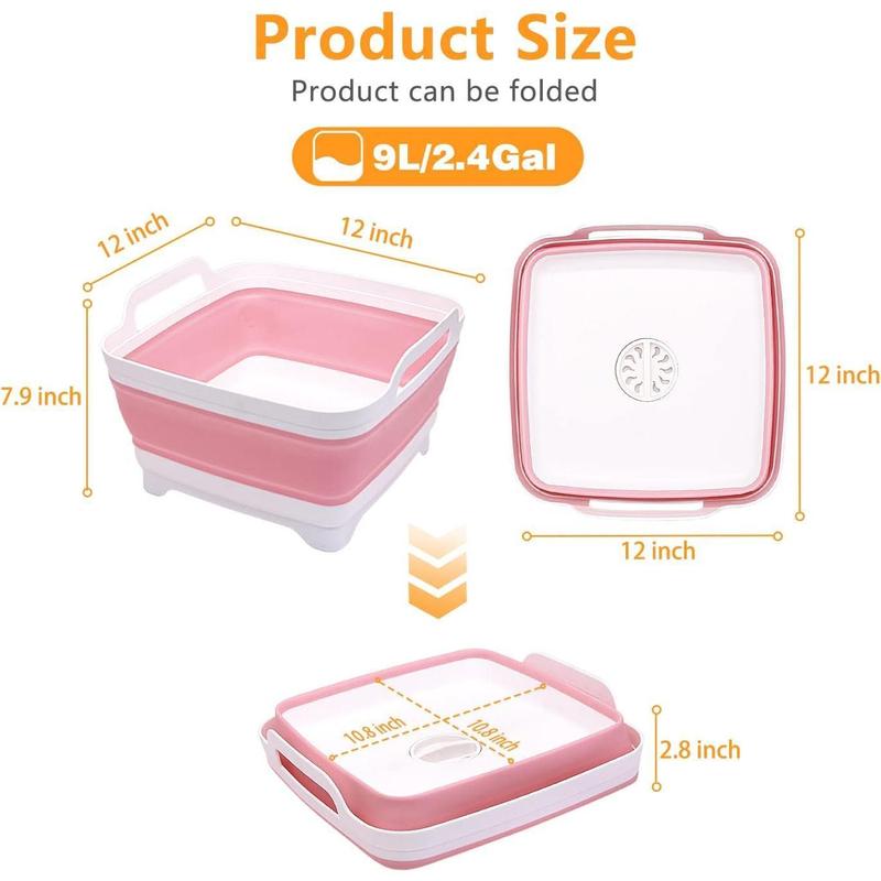 2.4 Gal(9L) Collapsible Dish Basin with Drain Plug, Space Saving Outdoor Multiuse Foldable Sink Tub, Dishpan, Kitchen Storage Tray for Camping, Vegetable Washing, RV (Pink) Household