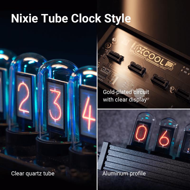 xCool Elekstube Nixie Tube Clock in Cyberpunk&Vintage Decor with Mood Lighting, Small Digital Clock for Modern Decor and Desktop Decor for Men Gift Retro Aluminium Glass Rgb